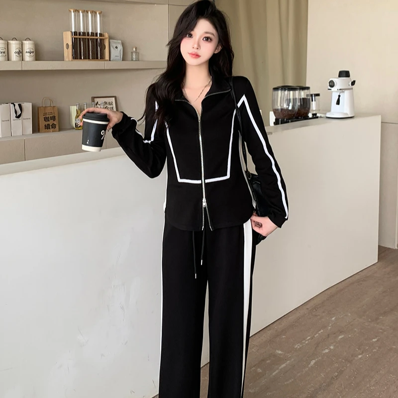 秋装新款女胖mm大码女休闲卫衣抽绳松紧腰阔腿长裤套装17091