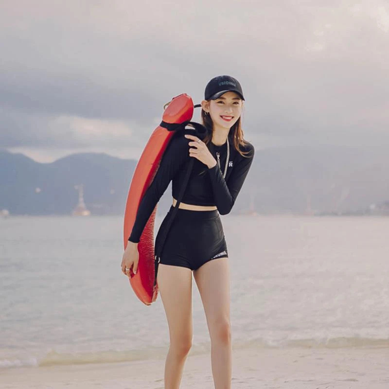 韩版女水母衣长袖防晒潜水服平角裤比基尼分体泳衣游泳涉水运动