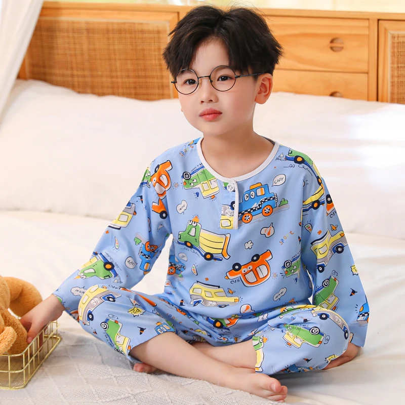 儿童睡衣男童夏季薄款长袖棉绸套装小孩中大童宝宝女童家居服夏款