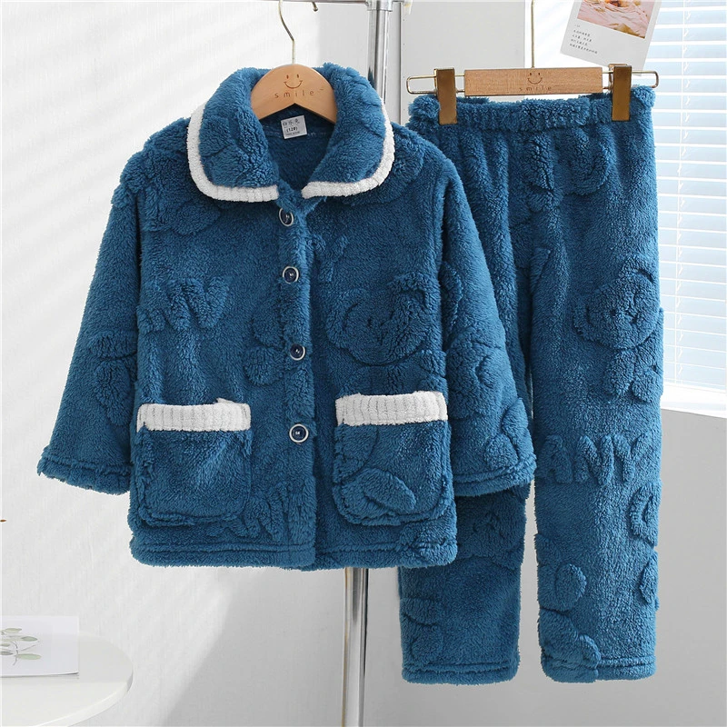 儿童法兰绒睡衣秋冬加厚男童中大童女孩保暖珊瑚绒家居服套装大码