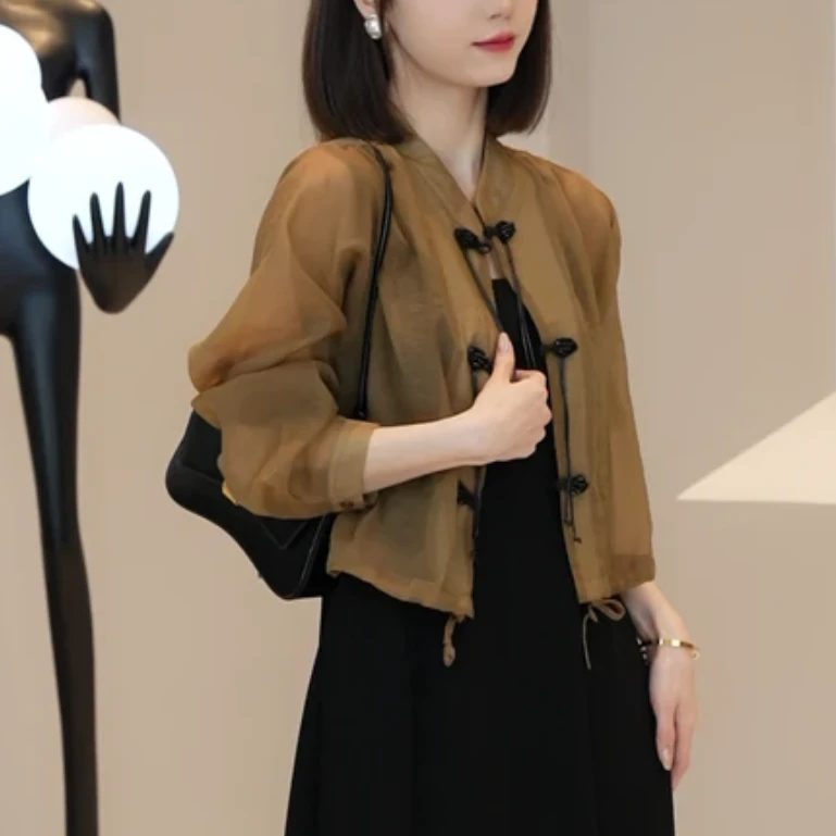 国风盘扣长袖防晒外套女夏季薄款新中式衬衣薄纱上衣小罩衫裙子女