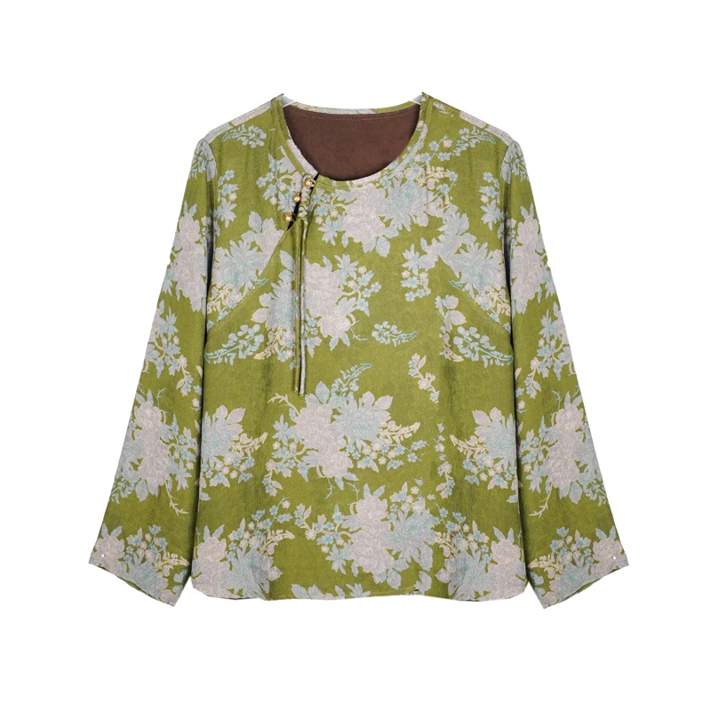 七七  2025新款国风冠乐皱新中式铜口绿牡丹上衣2712