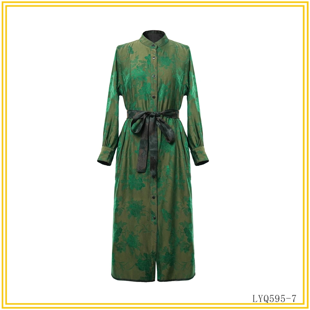 YZ秋季新款立体提花长款时尚国风墨绿色风衣LYQ595-7