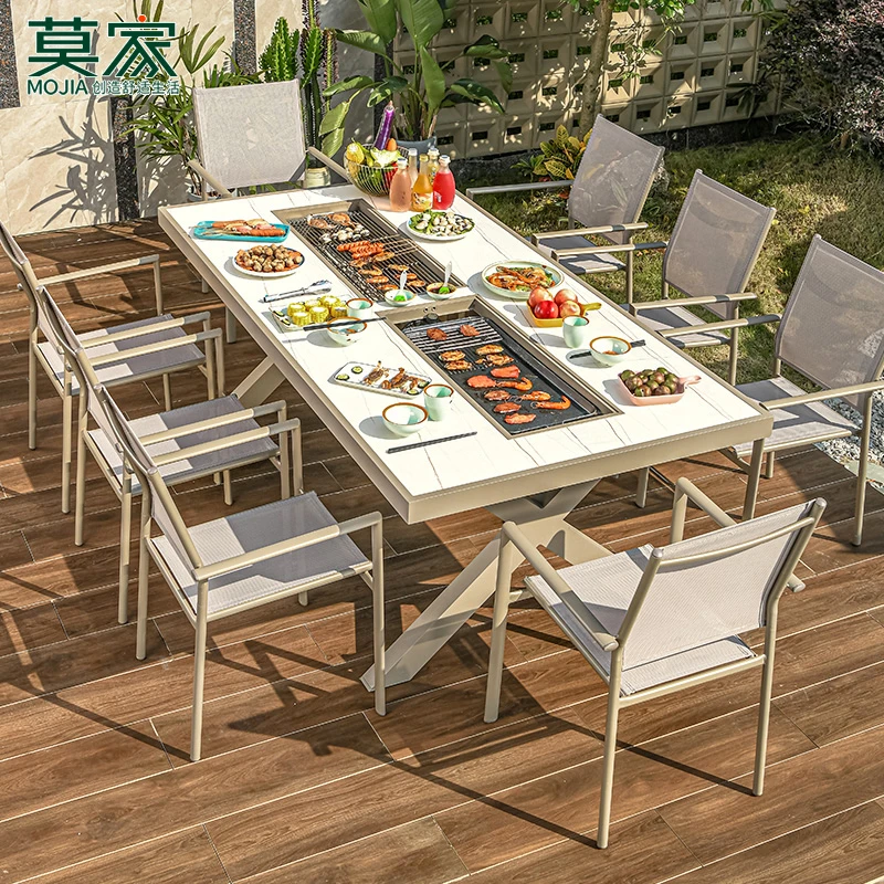 【莫家品牌】庭院铝板烧烤桌花园家用户外烧烤休闲桌椅防水防晒餐桌