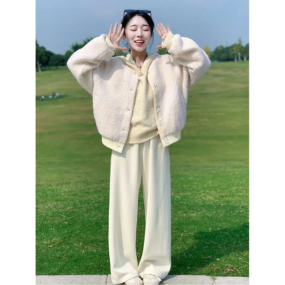 2025春季穿搭超好看小香风外套女毛衣阔腿裤小个子三件套装 3390