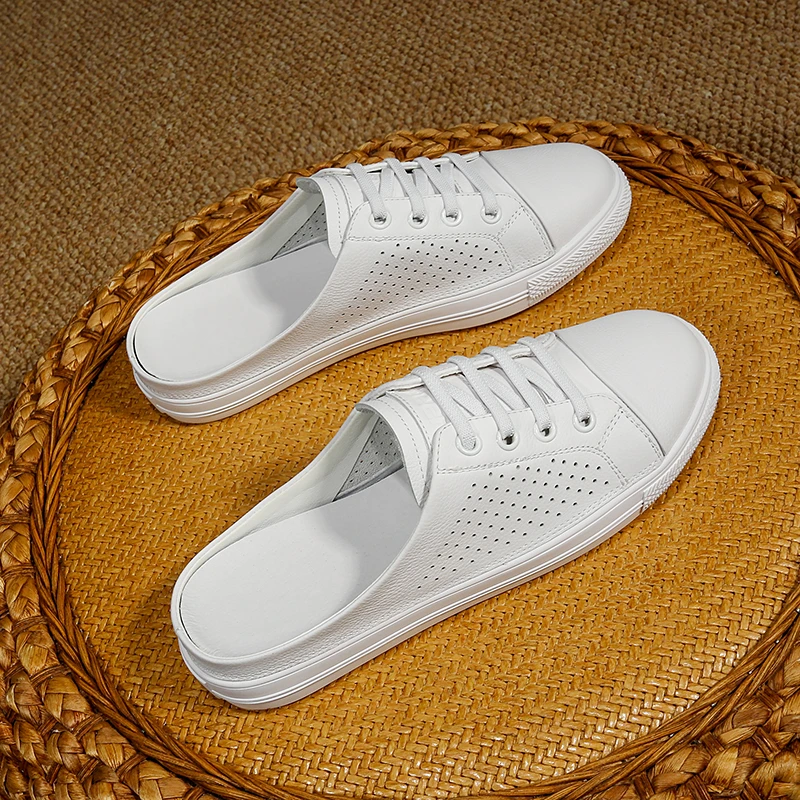 头层牛皮包头拖鞋女夏外穿2025新透气小白鞋女款单鞋平底休闲拖鞋