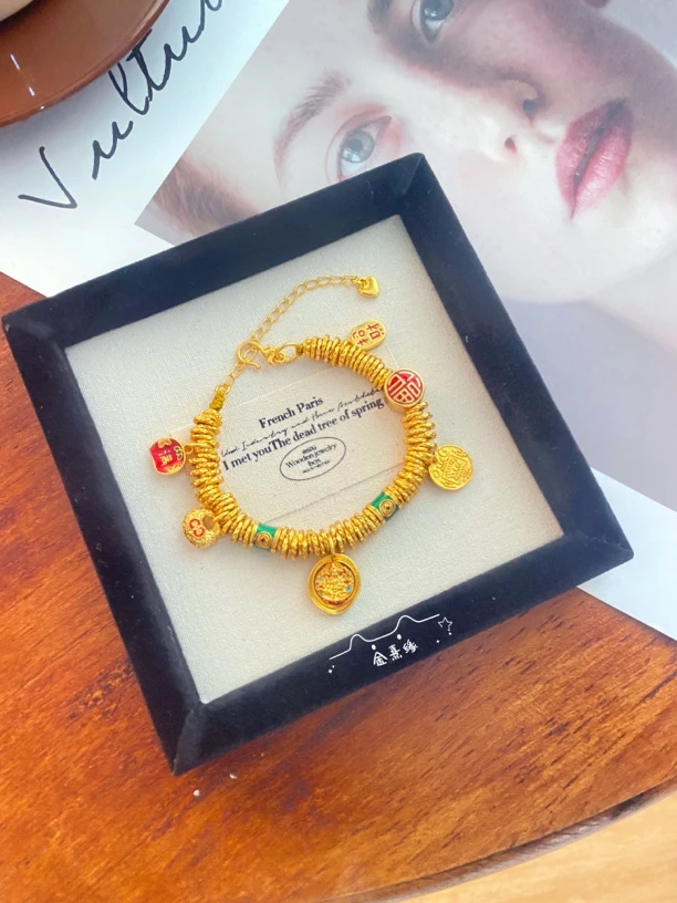 铜合金手链 古法烧蓝黄财神韦雪同款盘缠钱串手链 小坨包福满手串