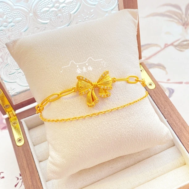 铜合金手链 ins轻奢名媛风 蝴蝶结时尚手链金色链条多层手串