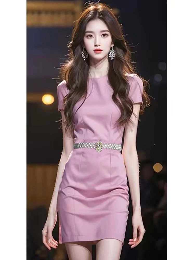 香风2024新款法式子女御姐气质粉紫色收腰连衣裙好看夏季