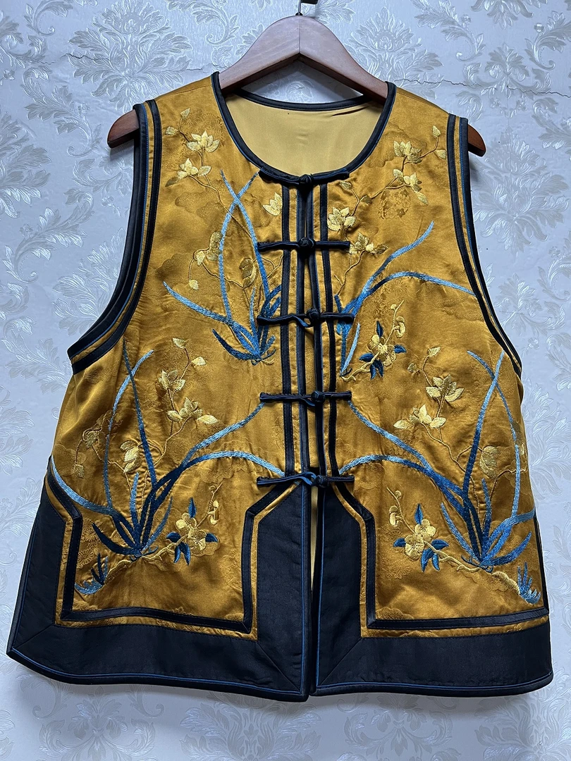 上衣时尚马甲复古立领中式马夹双层提花绣花