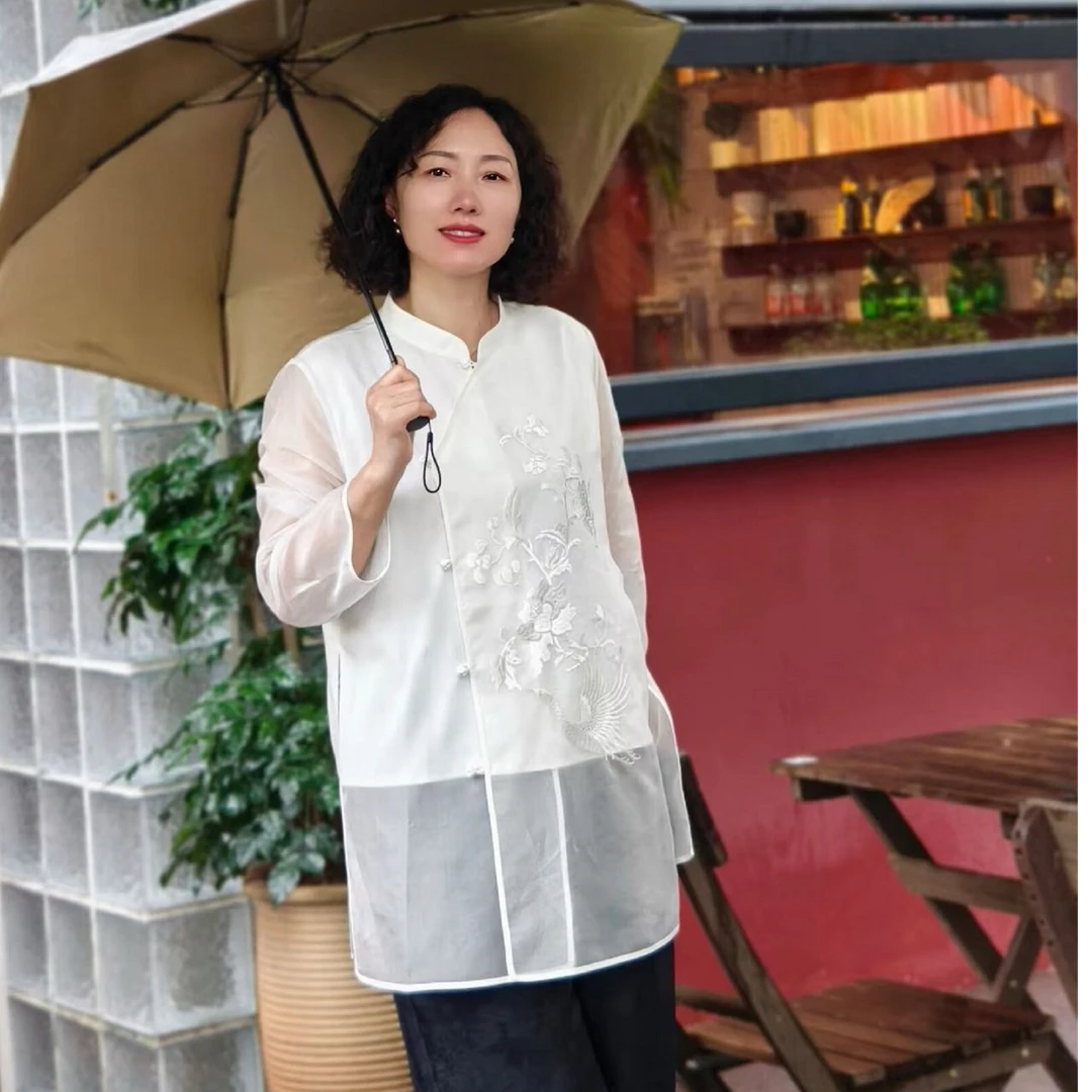 【欧根纱】真丝内衬白色重工刺绣中长款内搭防嗮衬衣