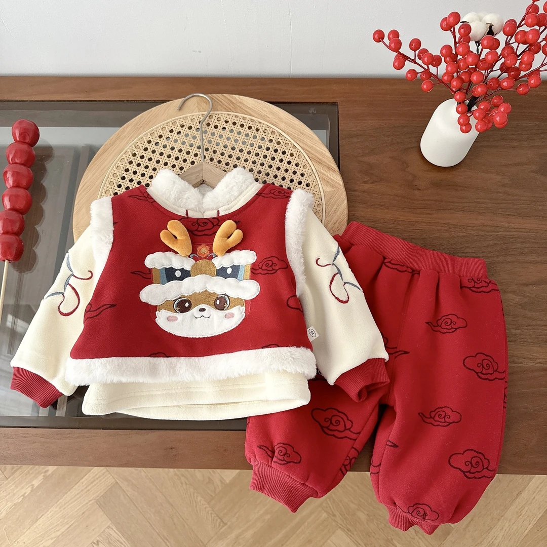 君筑儿童拜年服0-5岁冬季中国风男童洋气马甲内搭女宝宝加绒裤子A