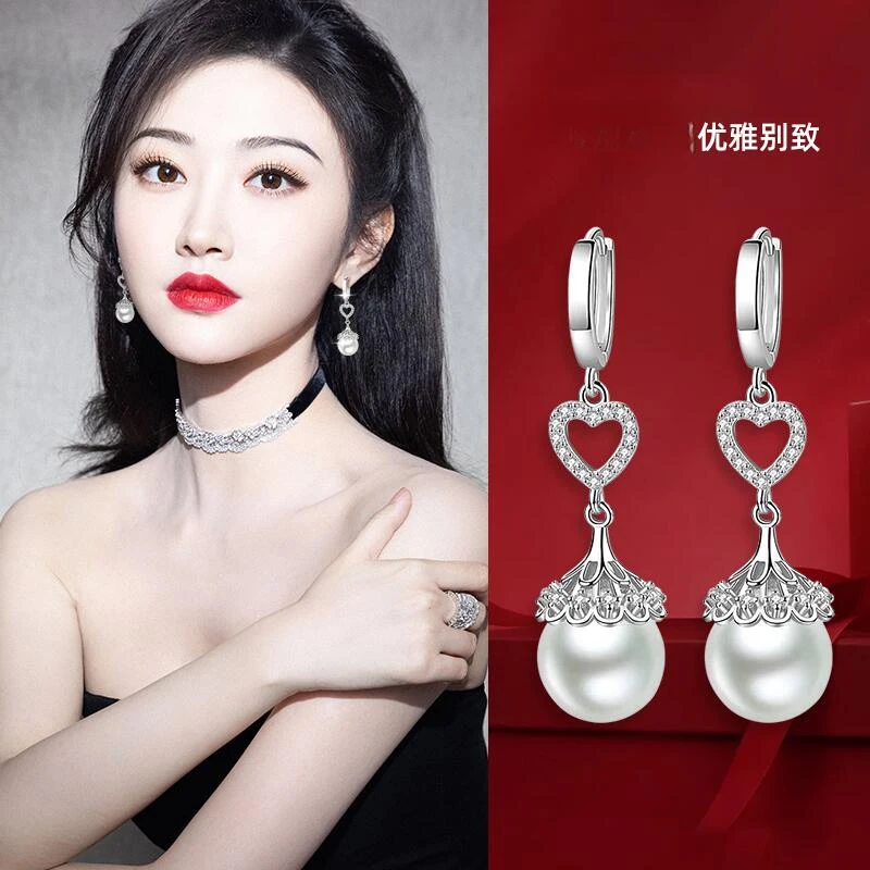 925银耳饰 珠珠耳环女爱心花托耳扣长款耳坠百搭气质高级感耳饰品