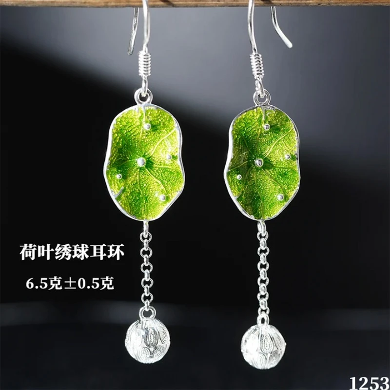 足银耳饰 纯银荷花绣球耳钩耳环长款流苏古风百搭气质中国风个性