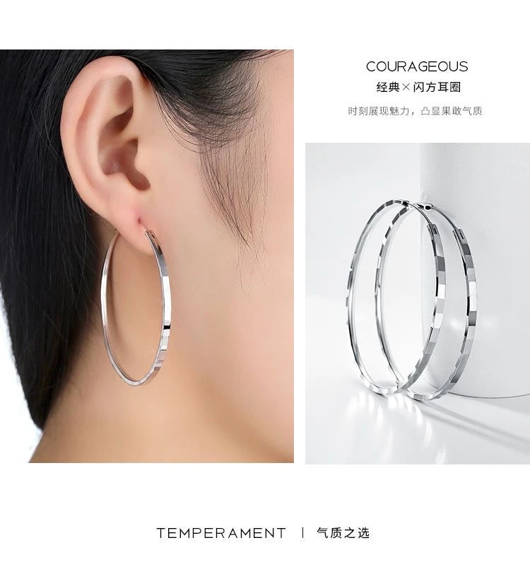足银耳饰 纯银S990三面花纹大圈圈气质新款夸张高级感大耳圈时尚