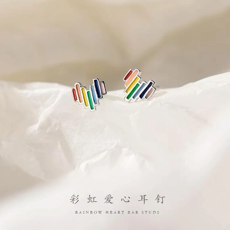 非金属珐琅耳饰 s925银针七彩爱心耳钉日系小清新可爱彩色耳饰品