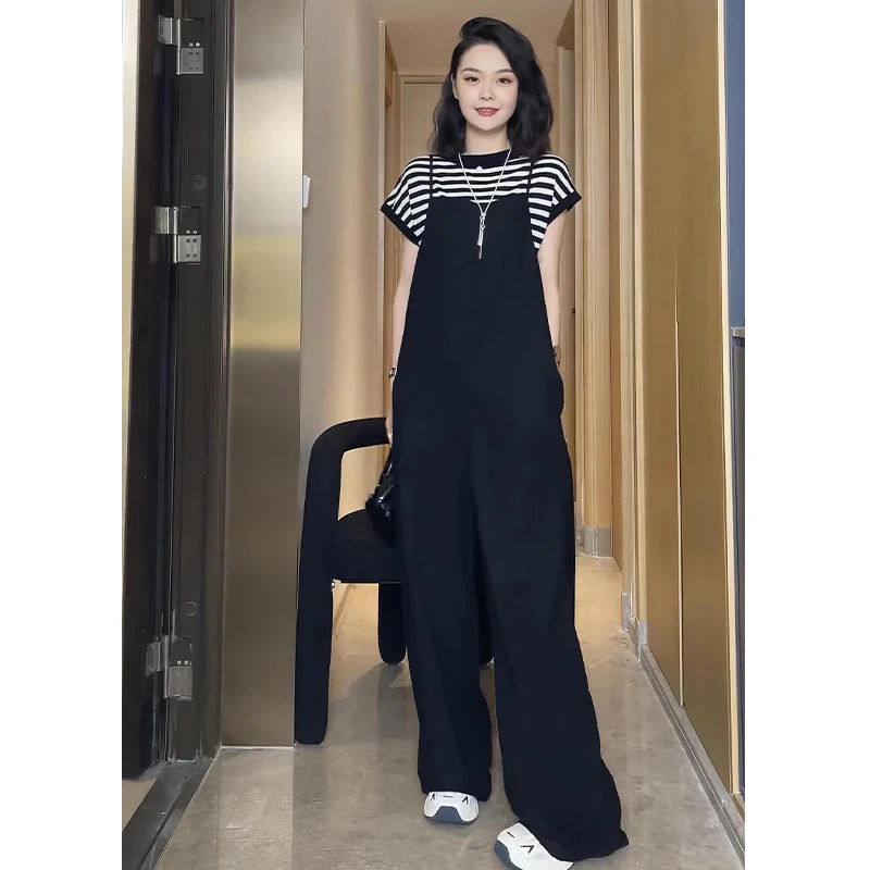 2025年夏季吊带背带裤条纹上衣微胖显瘦减龄时尚两件套气质穿搭