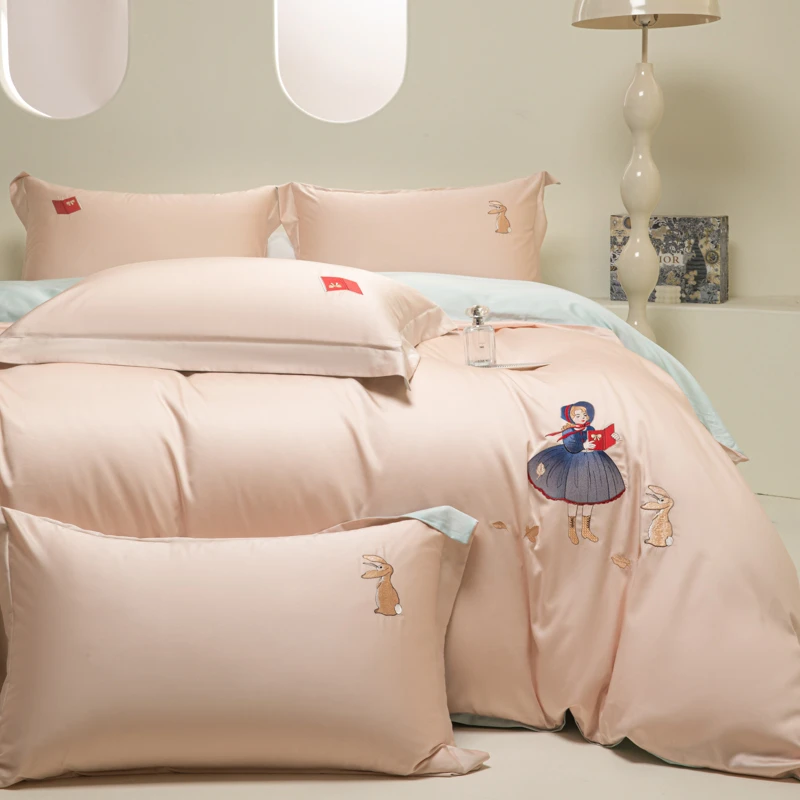 100支长绒棉四件浪漫少女心套全棉纯棉被套床单刺绣公主床上用品4