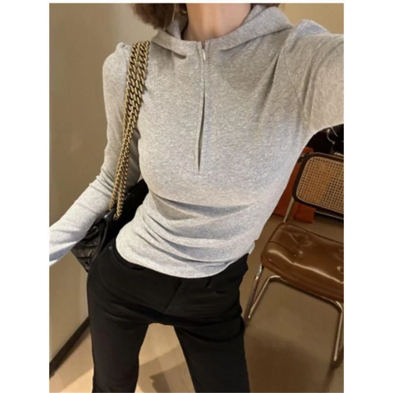 2025休闲长袖T恤女秋冬内穿气质修身连帽半拉链上衣时尚百搭小衫