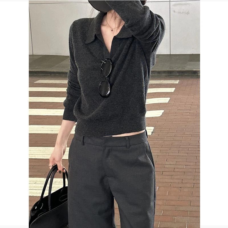 深灰色老钱风针织衫女春秋穿搭高级感polo衫秋季2025新款长袖上衣