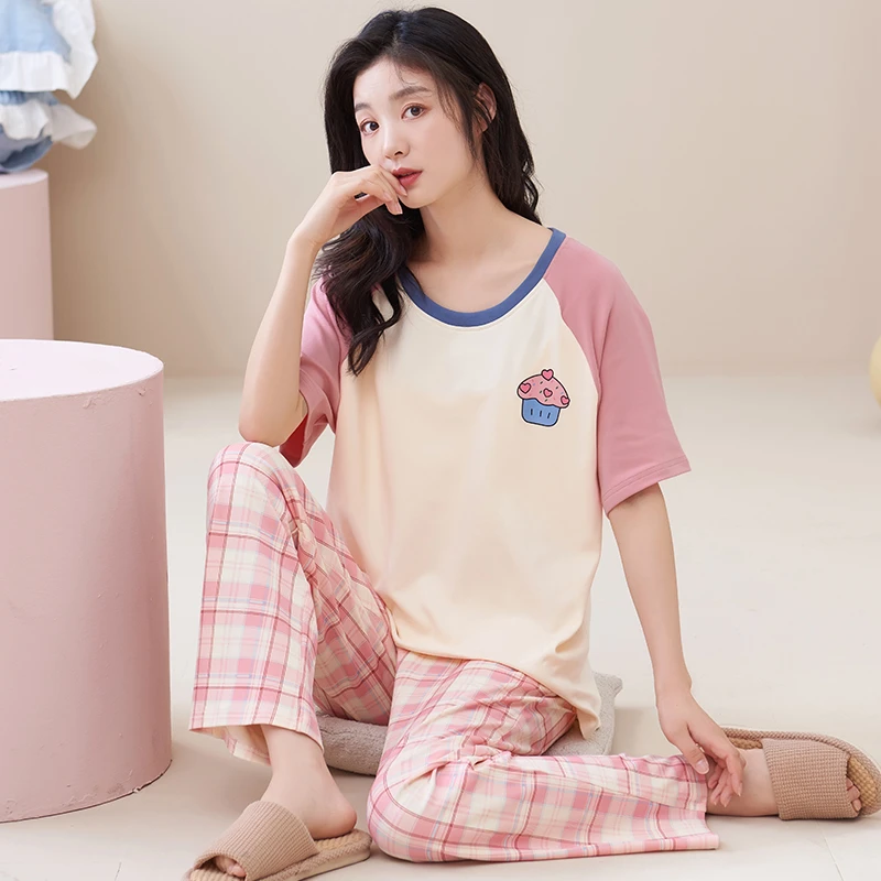 2024年春夏季带胸垫睡衣女薄款纯棉短袖长裤家居服可外穿两件套装