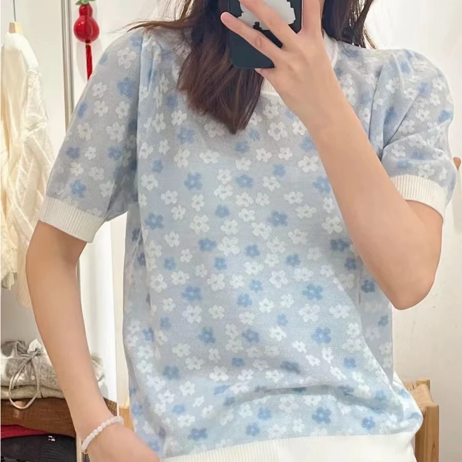 【小花朵-蓝-粉】2024新款百搭时尚套头针织衫A875