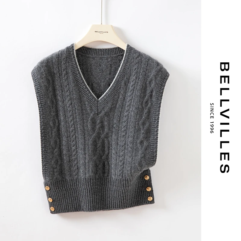 贝拉维拉【100%山羊绒】秋冬季保暖马甲V领时尚女士绞花套头坎肩女