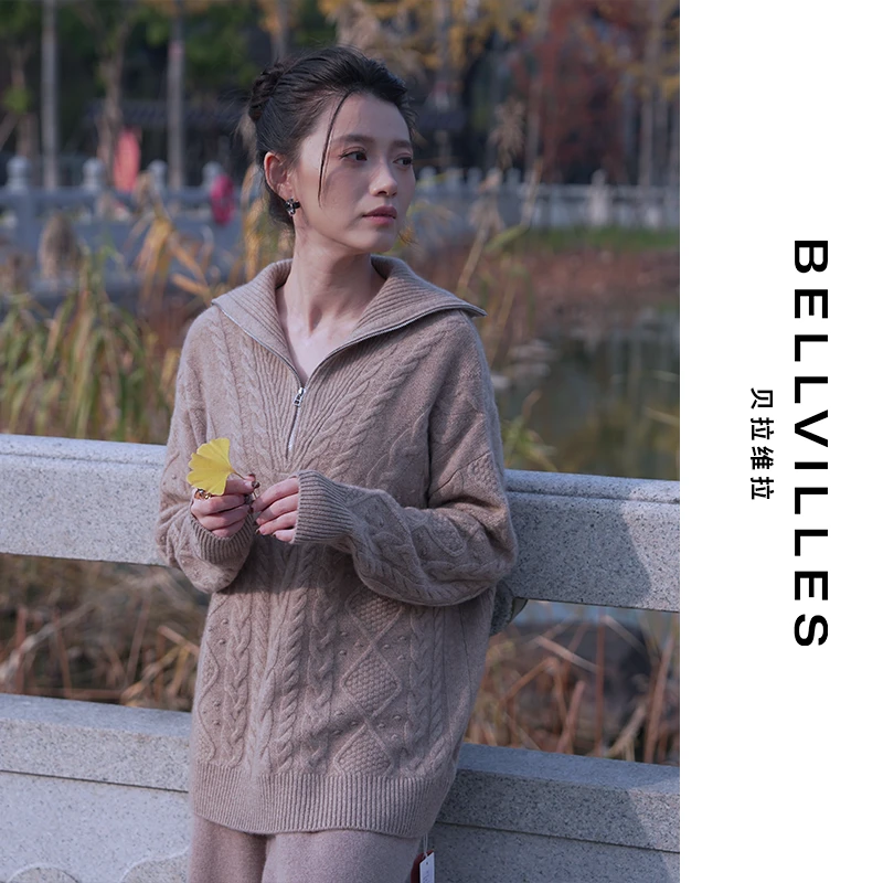 贝拉维拉【100%山羊绒】加厚羊绒衫新款时尚重工海军领女装时尚毛衣
