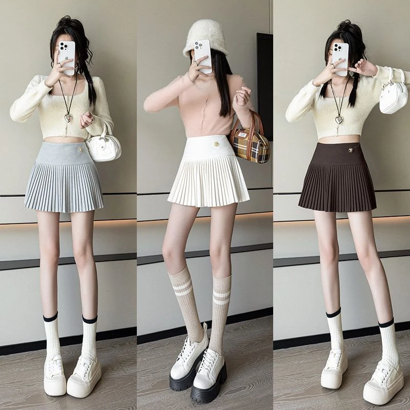 韩版毛呢秋冬小香风设计感a字半身百褶裙小个子高腰显瘦百搭短裙