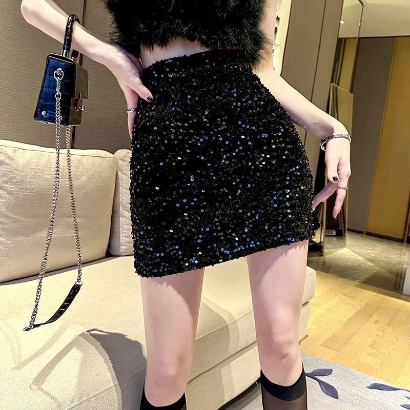 设计感小众亮片女秋冬包臀A字半身短裙子纯欲高腰显瘦修身防走光