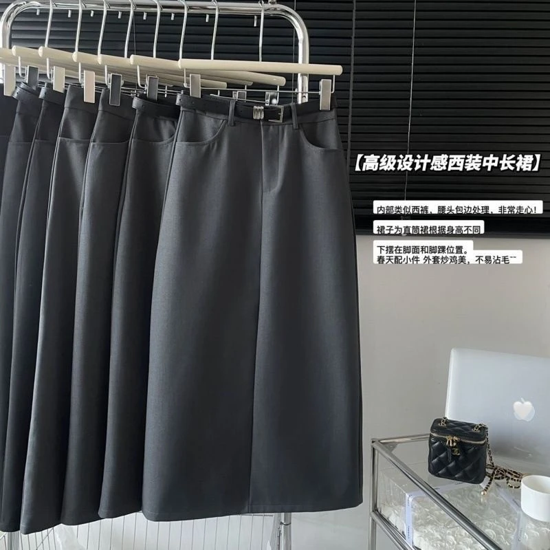 韩版开叉高腰显瘦直筒垂感西装春夏新款后开叉a字半身中长款裙子