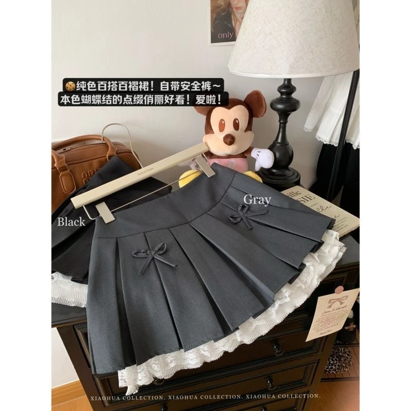 蕾丝边蝴蝶结百褶半身裙女秋冬新款高腰显瘦拼接A字裙防走光短裙