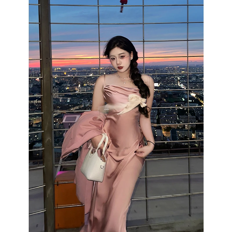 圆大敏【现货】「夏日初恋」粉色性感吊带连衣裙长裙秋季微胖mm3338
