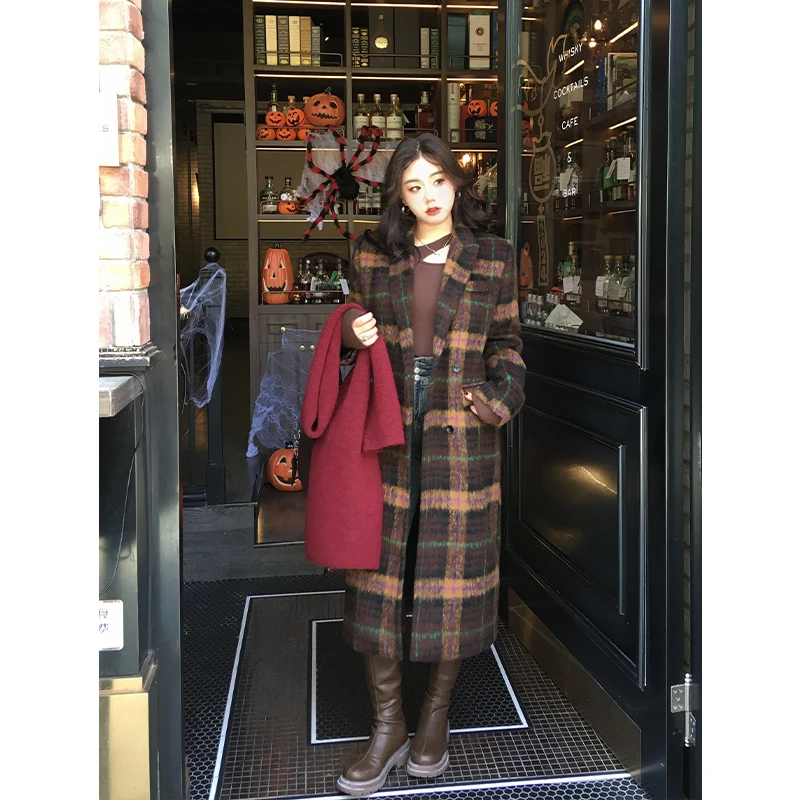 圆大敏【现货】「邂逅冬季」显瘦格子毛呢外套长款大衣冬季微胖mm8430