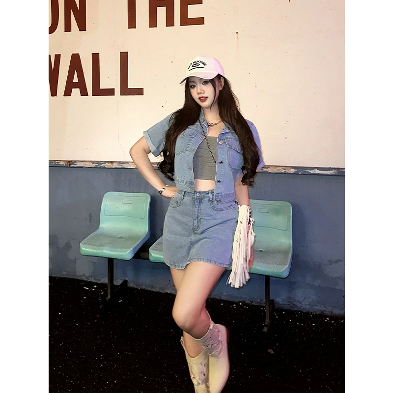 圆大敏【现货】「美院科班生」牛仔套装外套高腰半身裙夏季微胖mm2716