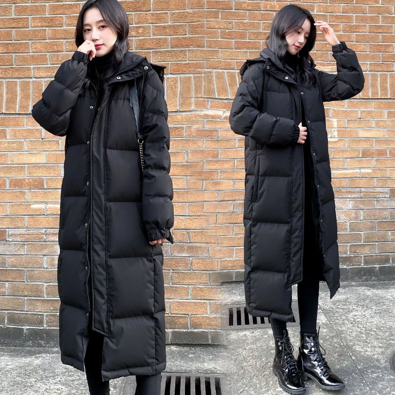 CxcvcK黑色羽绒服2023年新款女冬情侣加厚长款棉袄长过膝到脚踝款