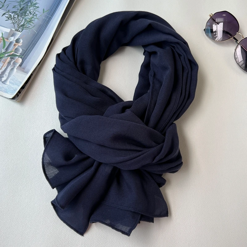 2025新款围巾男士薄款秋冬季棉麻韩版百搭学生长款纯色围脖藏蓝色