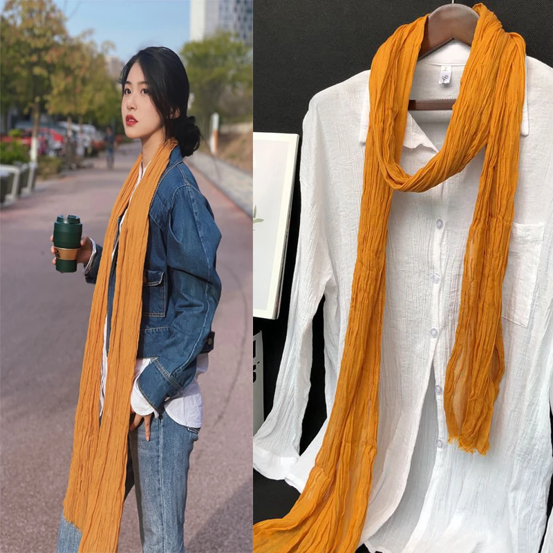 夏季棉麻围巾女薄款春秋百搭装饰护颈椎细长条褶皱纯色丝巾姜黄色
