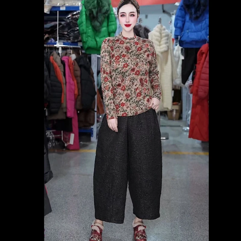 浮雕裤-百搭时尚真阔版浪漫时尚宽松休闲浮雕裤9980