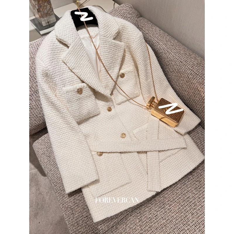 “Old Money”奶油华夫格 小香绵羊毛编织粗花呢腰系带外套 SD20785