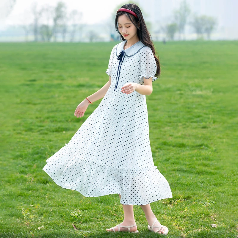 初中学生连衣裙夏季少女大童高中女生夏装小清新波点长裙气质显瘦