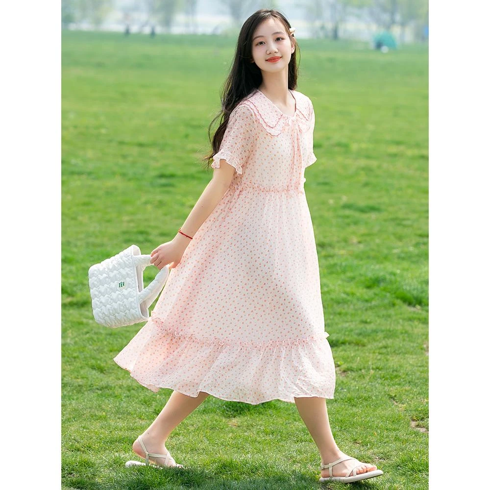 初中学生连衣裙夏季少女大童高中女生夏装甜美气质碎花雪纺长裙子