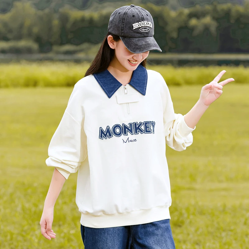 宽松百搭时尚春秋休闲秋季青少女学生装牛仔翻领卫衣韩版洋气