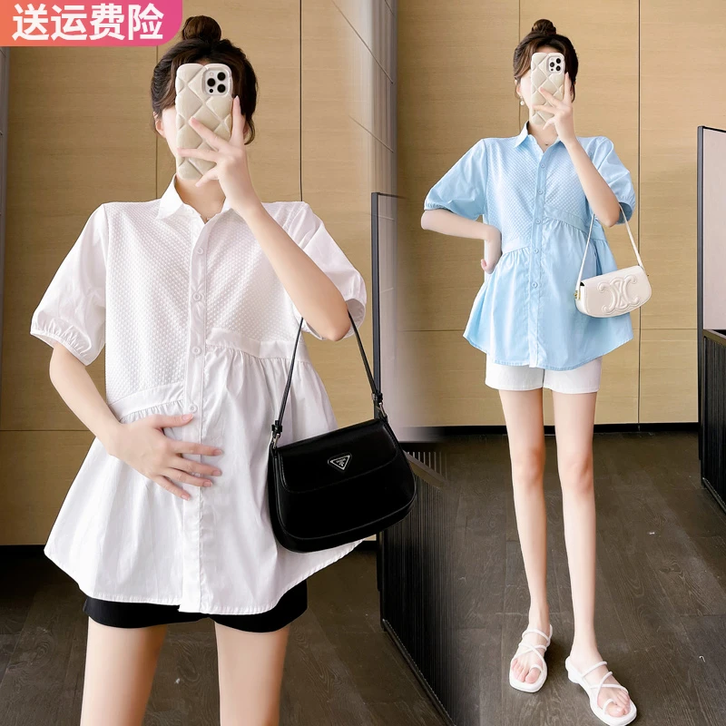 孕妇衬衫夏季时尚韩版宽松遮肚短袖上衣夏装孕妇装洋气小个子衬衣