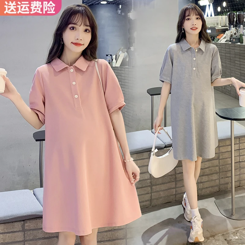 孕妇夏装薄上衣polo领连衣裙夏款小个子潮妈宽松夏季短袖t恤裙子