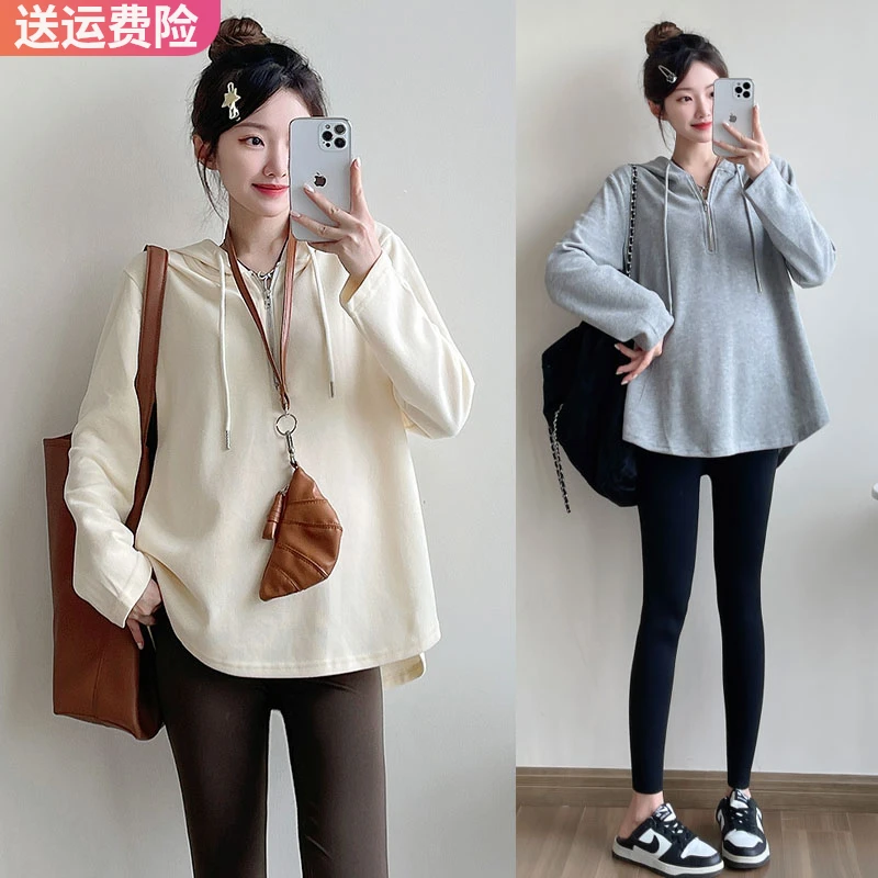孕妇装春装2025新款韩版休闲甜美宽松连帽T恤潮妈外穿打底上衣女