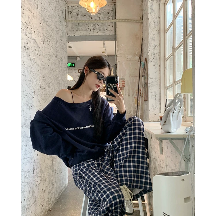 秋季新款胖mm韩版宽松上衣高腰显瘦格子休闲裤大码女装藏青斜肩