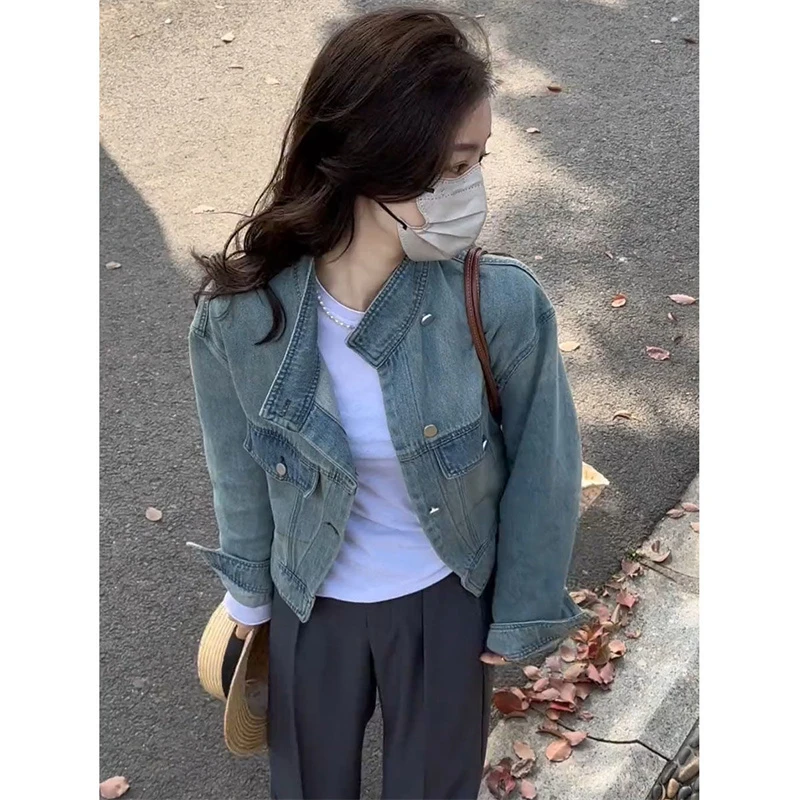 复古短款长袖立领牛仔外套女秋季2025新款宽松百搭夹克上衣薄款
