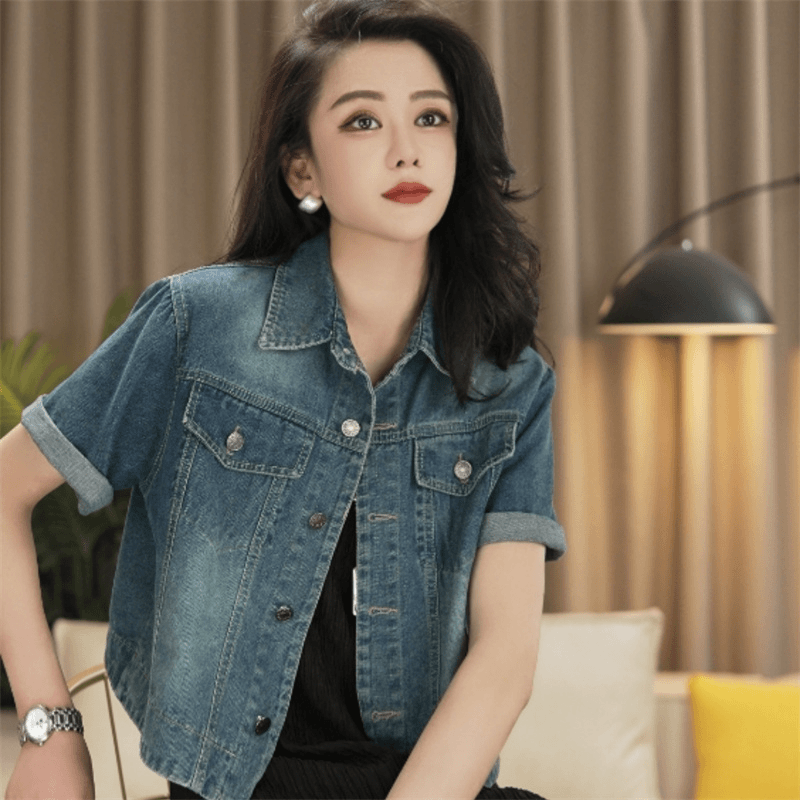 牛仔短袖外套女短款宽松休闲百搭复古直筒中袖衬衫上衣夏季81927