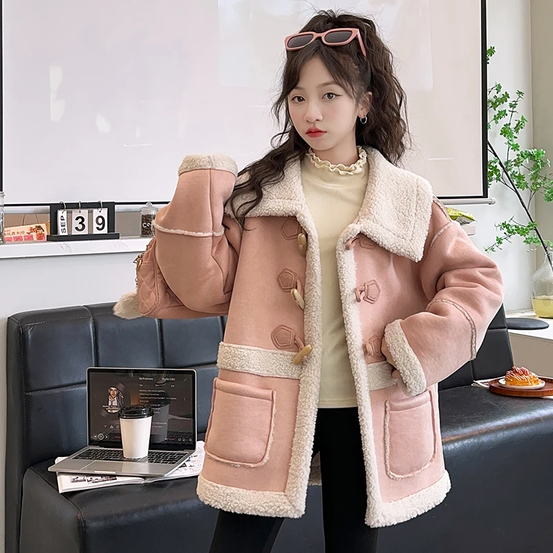 2024冬季新款女童气质牛角扣毛毛外套韩版宽松中长款上衣潮流外套